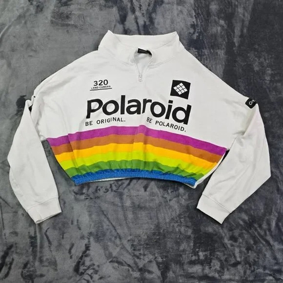 Polaroid Cropped Quarter Zip Sweatshirt Women XL White Rainbow Retro Pride - Picture 2 of 7